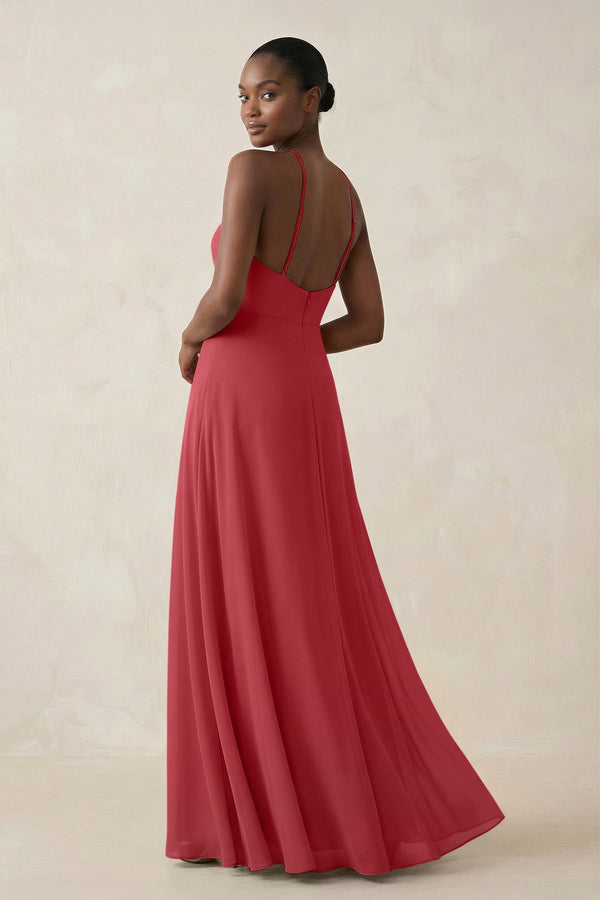 Sheath Halter Chiffon Bridesmaid Dress with Slit in Merlot - KissProm Bridesmaid Dresses