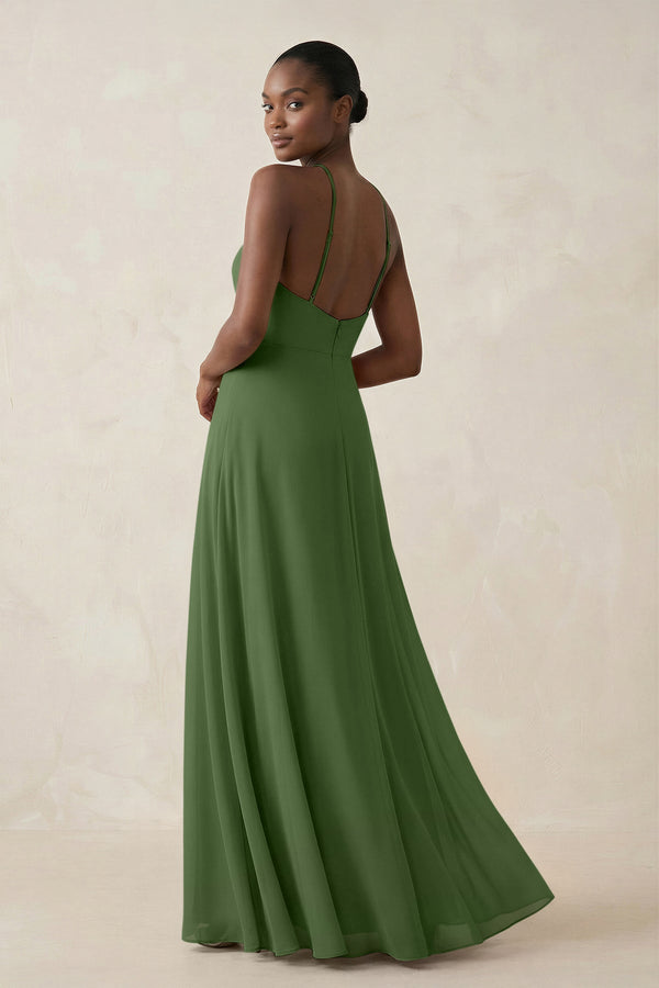 Sheath Halter Chiffon Bridesmaid Dress with Slit in Moss - KissProm Bridesmaid Dresses
