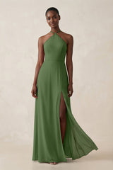 Sheath Halter Chiffon Bridesmaid Dress with Slit in Moss - KissProm Bridesmaid Dresses