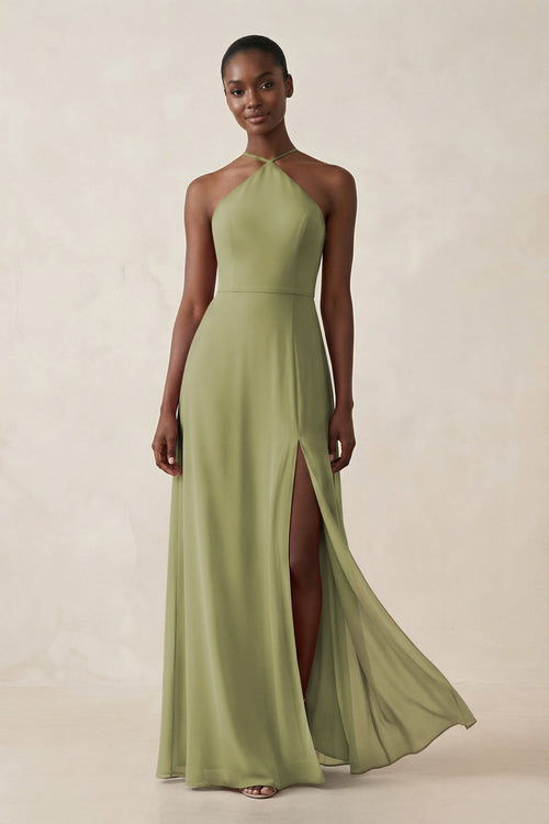 Sheath Halter Chiffon Bridesmaid Dress with Slit in Moss Green - KissProm Bridesmaid Dresses