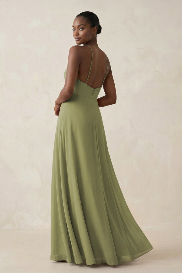 Sheath Halter Chiffon Bridesmaid Dress with Slit in Moss Green - KissProm Bridesmaid Dresses