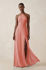 Sheath Halter Chiffon Bridesmaid Dress with Slit in Mulberry - KissProm Bridesmaid Dresses