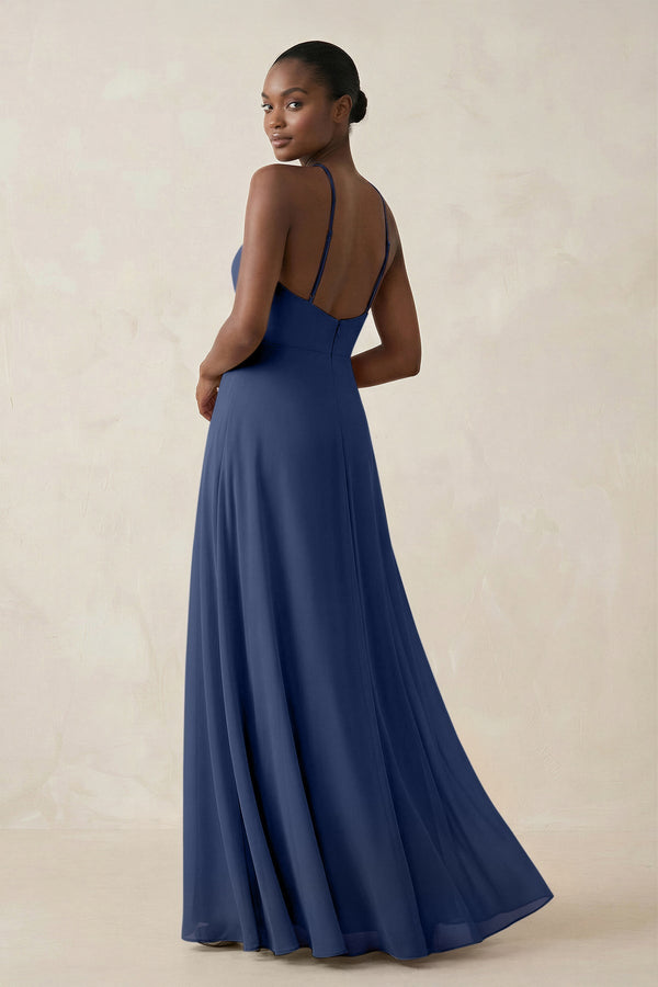 Sheath Halter Chiffon Bridesmaid Dress with Slit in Navy - KissProm Bridesmaid Dresses
