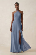 Sheath Halter Chiffon Bridesmaid Dress with Slit in Neptune - KissProm Bridesmaid Dresses