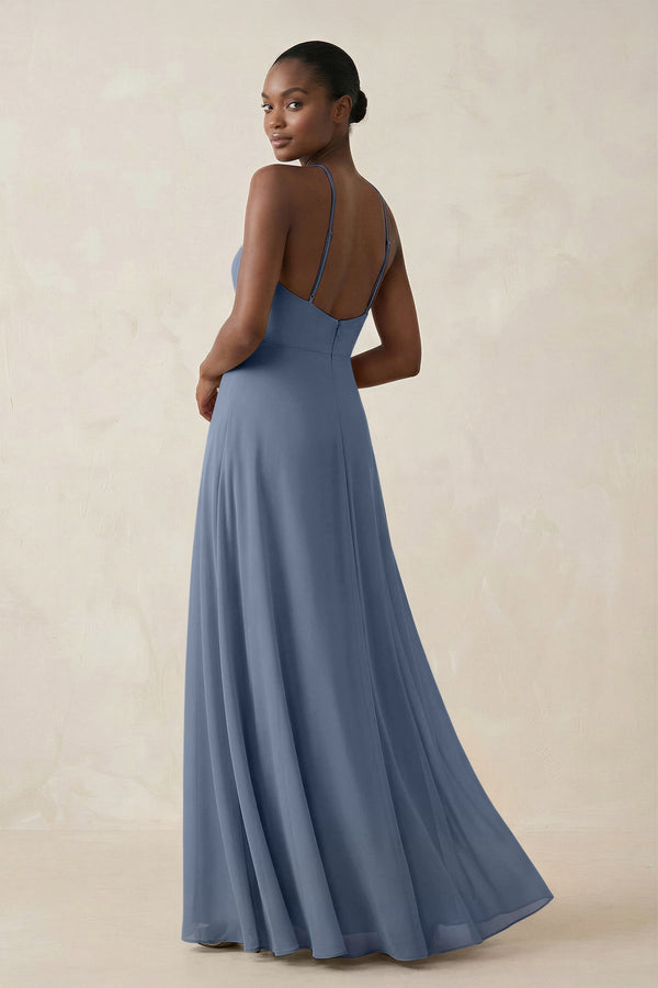 Sheath Halter Chiffon Bridesmaid Dress with Slit in Neptune - KissProm Bridesmaid Dresses