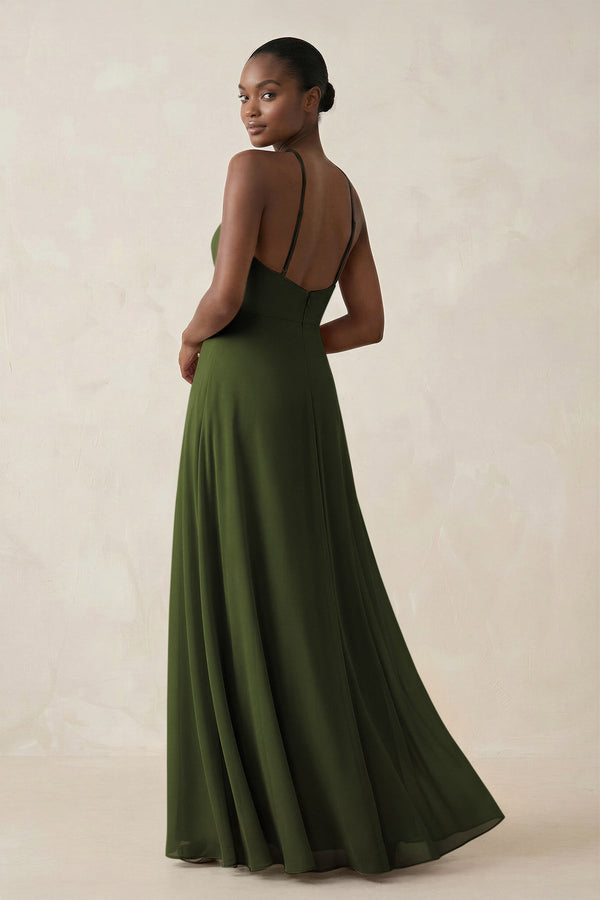 Sheath Halter Chiffon Bridesmaid Dress with Slit in Olive - KissProm Bridesmaid Dresses