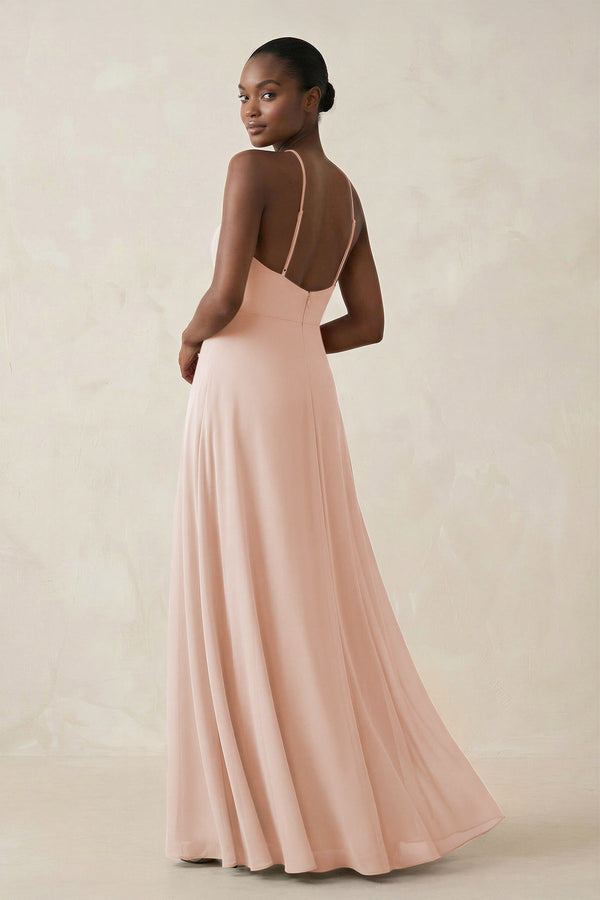 Sheath Halter Chiffon Bridesmaid Dress with Slit in Pale Blush - KissProm Bridesmaid Dresses