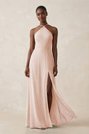 Sheath Halter Chiffon Bridesmaid Dress with Slit in Pale Blush - KissProm Bridesmaid Dresses