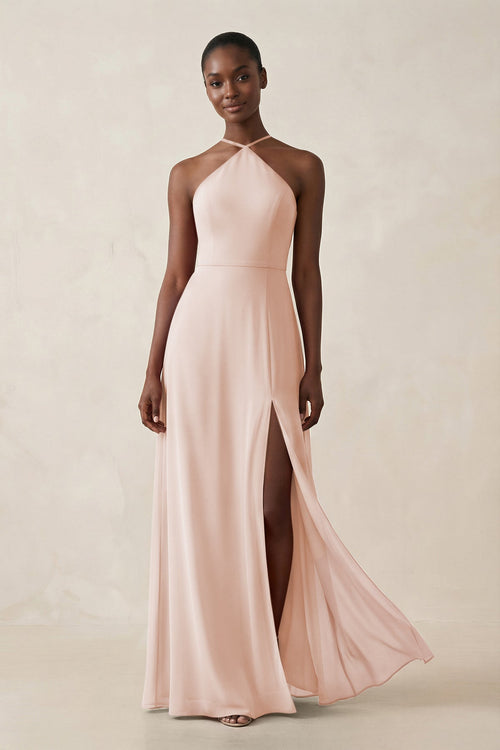 Sheath Halter Chiffon Bridesmaid Dress with Slit in Pale Blush - KissProm Bridesmaid Dresses