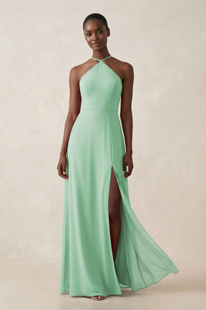 Sheath Halter Chiffon Bridesmaid Dress with Slit in Pale Pistachio - KissProm Bridesmaid Dresses