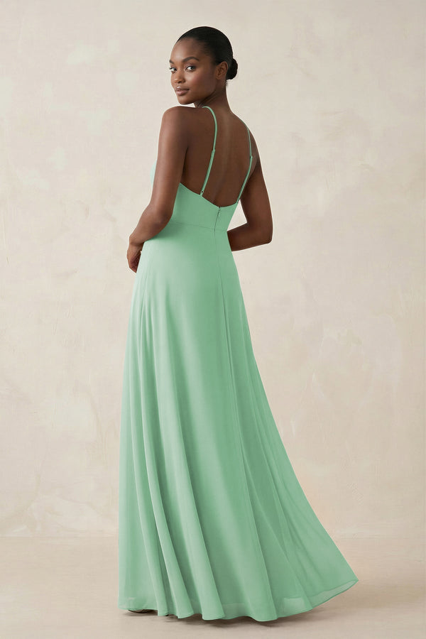 Sheath Halter Chiffon Bridesmaid Dress with Slit in Pale Pistachio - KissProm Bridesmaid Dresses