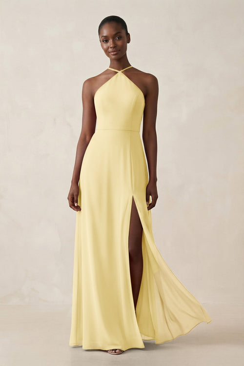 Sheath Halter Chiffon Bridesmaid Dress with Slit in Pastel Yellow - KissProm Bridesmaid Dresses