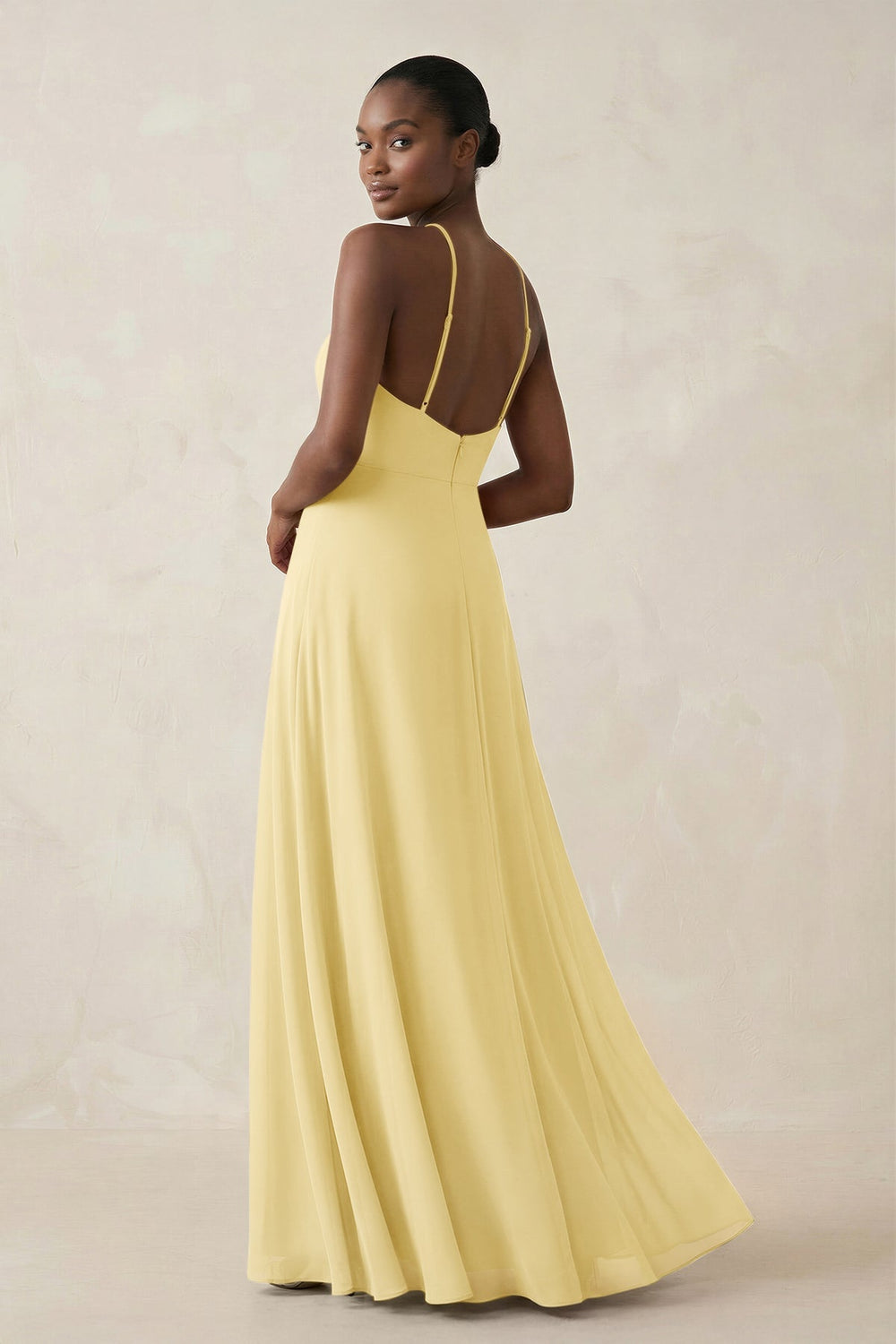 Sheath Halter Chiffon Bridesmaid Dress with Slit in Pastel Yellow - KissProm Bridesmaid Dresses