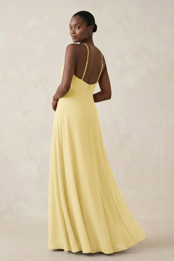 Sheath Halter Chiffon Bridesmaid Dress with Slit in Pastel Yellow - KissProm Bridesmaid Dresses