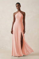 Sheath Halter Chiffon Bridesmaid Dress with Slit in Rose Petal - KissProm Bridesmaid Dresses