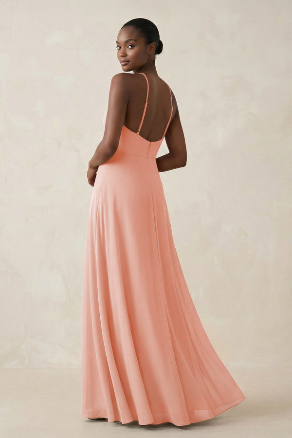 Sheath Halter Chiffon Bridesmaid Dress with Slit in Rose Petal - KissProm Bridesmaid Dresses