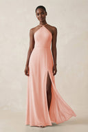 Sheath Halter Chiffon Bridesmaid Dress with Slit in Rose Petal - KissProm Bridesmaid Dresses