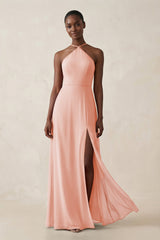 Sheath Halter Chiffon Bridesmaid Dress with Slit in Rose Petal - KissProm Bridesmaid Dresses