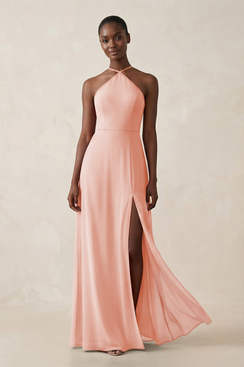 Sheath Halter Chiffon Bridesmaid Dress with Slit in Rose Petal - KissProm Bridesmaid Dresses