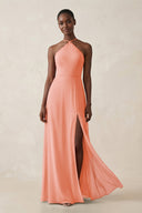 Sheath Halter Chiffon Bridesmaid Dress with Slit in Rosette - KissProm Bridesmaid Dresses