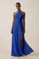 Sheath Halter Chiffon Bridesmaid Dress with Slit in Royal Blue - KissProm Bridesmaid Dresses