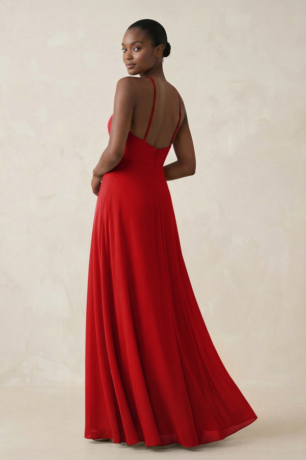 Sheath Halter Chiffon Bridesmaid Dress with Slit in Ruby Red - KissProm Bridesmaid Dresses