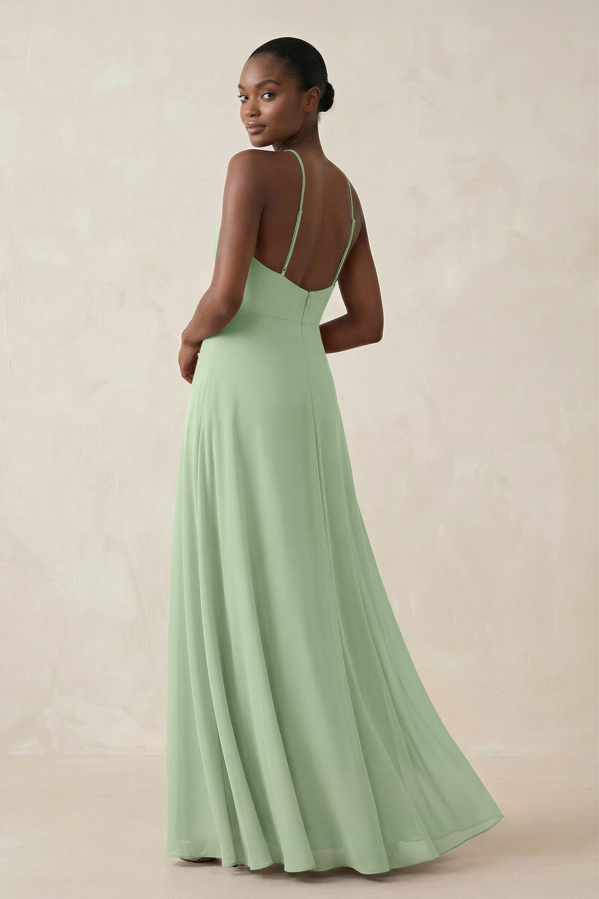 KissProm Sheath Halter Chiffon Bridesmaid Dress with Slit in Sage, Sage / 2