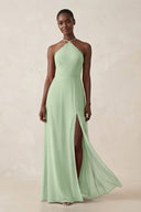 Sheath Halter Chiffon Bridesmaid Dress with Slit in Sage - KissProm Bridesmaid Dresses