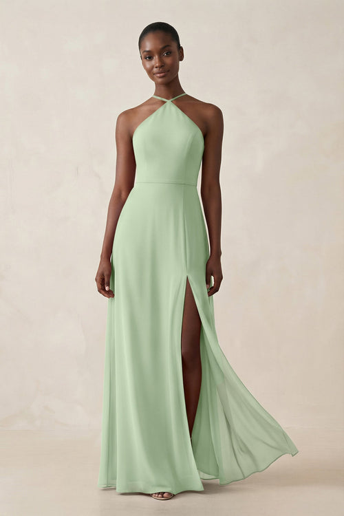 Sheath Halter Chiffon Bridesmaid Dress with Slit in Sage - KissProm Bridesmaid Dresses