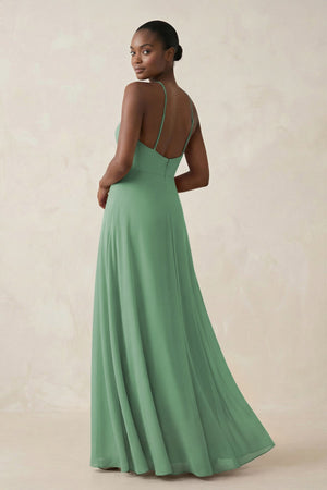 Sheath Halter Chiffon Bridesmaid Dress with Slit in Sea Glass - KissProm Bridesmaid Dresses