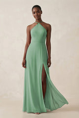 Sheath Halter Chiffon Bridesmaid Dress with Slit in Sea Glass - KissProm Bridesmaid Dresses