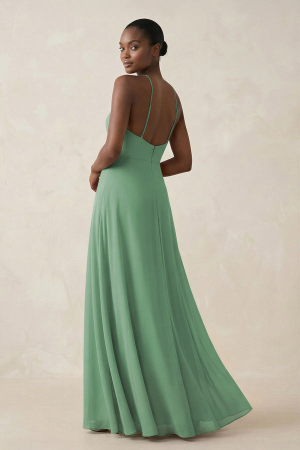 Sheath Halter Chiffon Bridesmaid Dress with Slit in Sea Glass - KissProm Bridesmaid Dresses