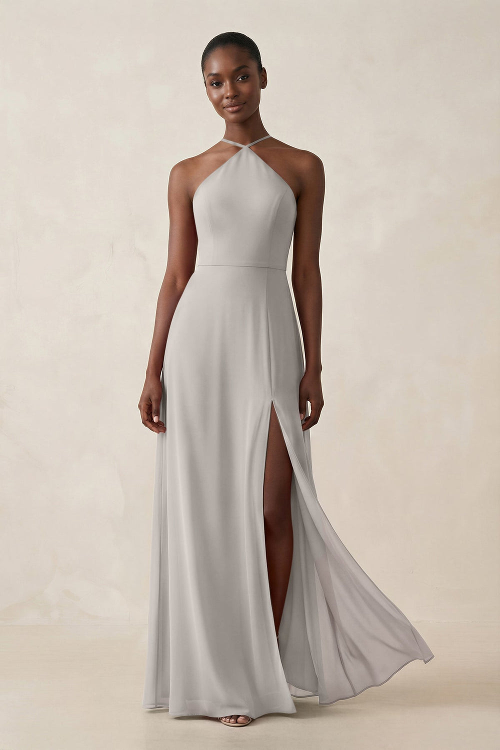 Sheath Halter Chiffon Bridesmaid Dress with Slit in Silver - KissProm Bridesmaid Dresses