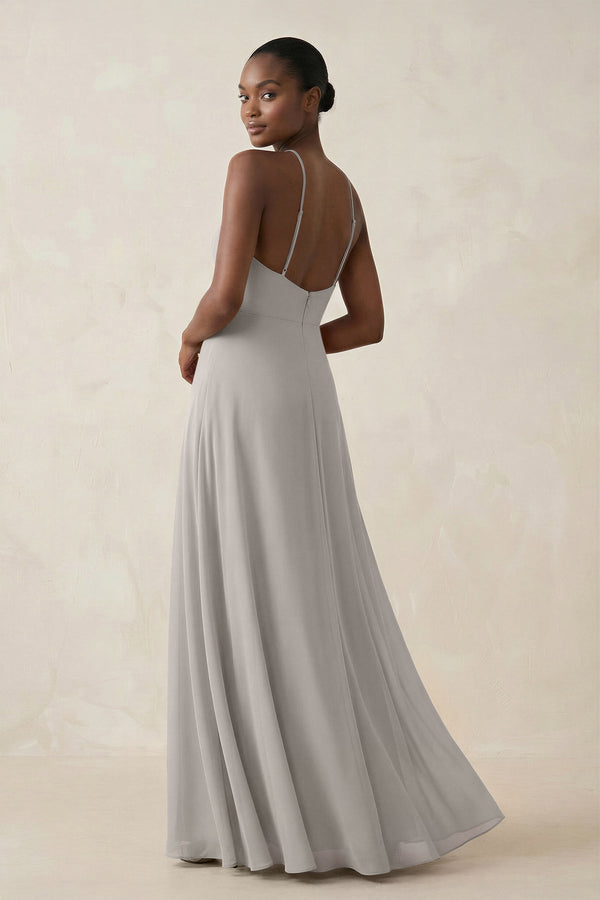 Sheath Halter Chiffon Bridesmaid Dress with Slit in Silver - KissProm Bridesmaid Dresses