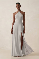 Sheath Halter Chiffon Bridesmaid Dress with Slit in Silver - KissProm Bridesmaid Dresses