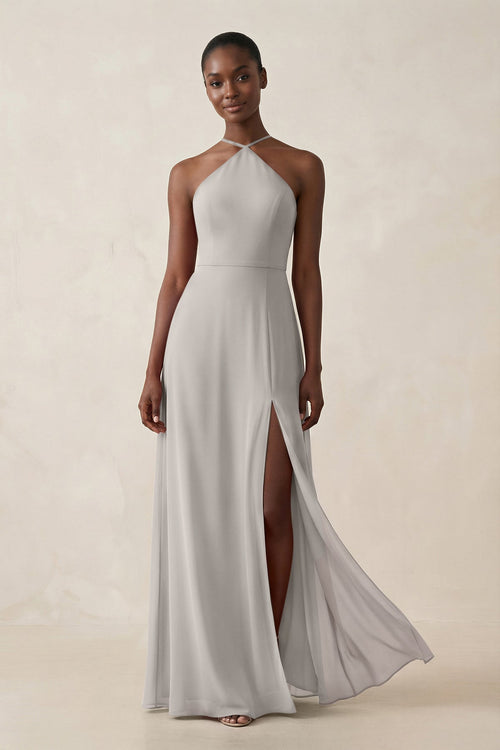 Sheath Halter Chiffon Bridesmaid Dress with Slit in Silver - KissProm Bridesmaid Dresses