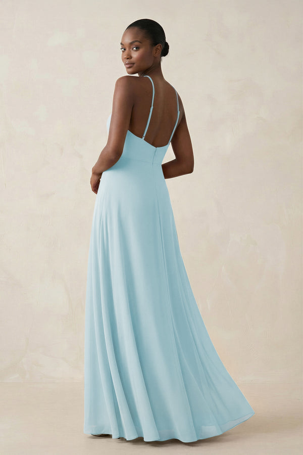 Sheath Halter Chiffon Bridesmaid Dress with Slit in Sky Blue - KissProm Bridesmaid Dresses