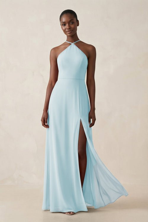Sheath Halter Chiffon Bridesmaid Dress with Slit in Sky Blue - KissProm Bridesmaid Dresses