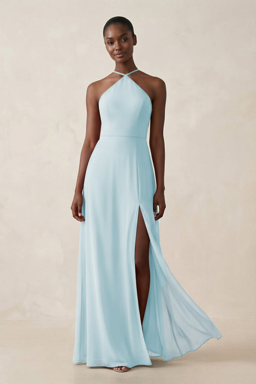 Sheath Halter Chiffon Bridesmaid Dress with Slit in Sky Blue - KissProm Bridesmaid Dresses
