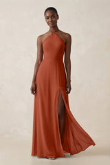 Sheath Halter Chiffon Bridesmaid Dress with Slit in Spice - KissProm Bridesmaid Dresses