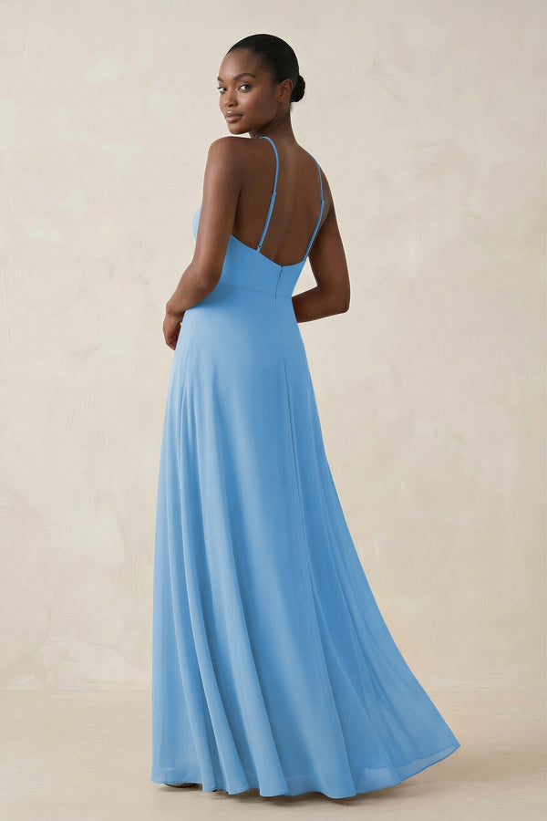 Sheath Halter Chiffon Bridesmaid Dress with Slit in Steel Blue - KissProm Bridesmaid Dresses