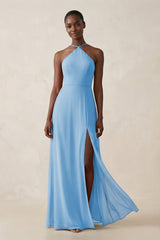 Sheath Halter Chiffon Bridesmaid Dress with Slit in Steel Blue - KissProm Bridesmaid Dresses