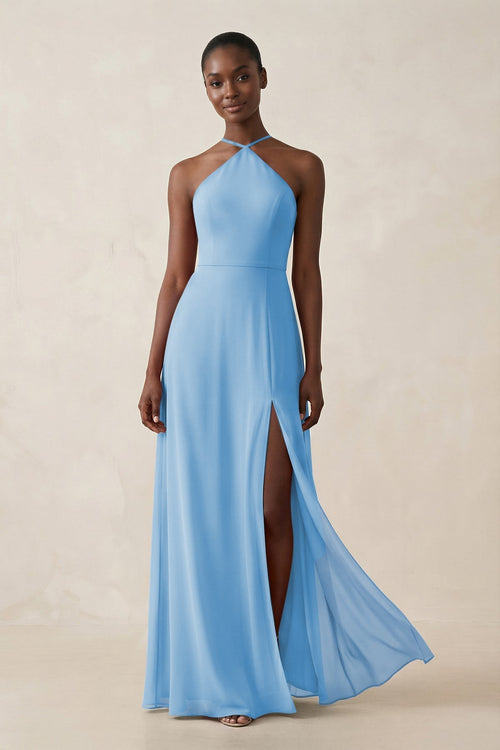 Sheath Halter Chiffon Bridesmaid Dress with Slit in Steel Blue - KissProm Bridesmaid Dresses