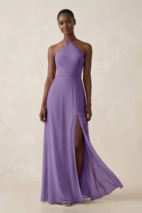 Sheath Halter Chiffon Bridesmaid Dress with Slit in Tahiti - KissProm Bridesmaid Dresses
