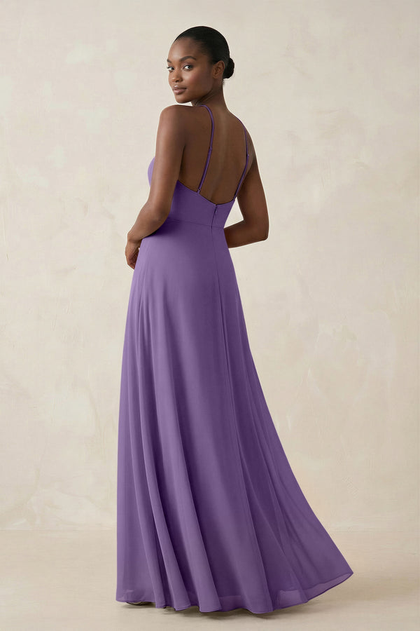 Sheath Halter Chiffon Bridesmaid Dress with Slit in Tahiti - KissProm Bridesmaid Dresses