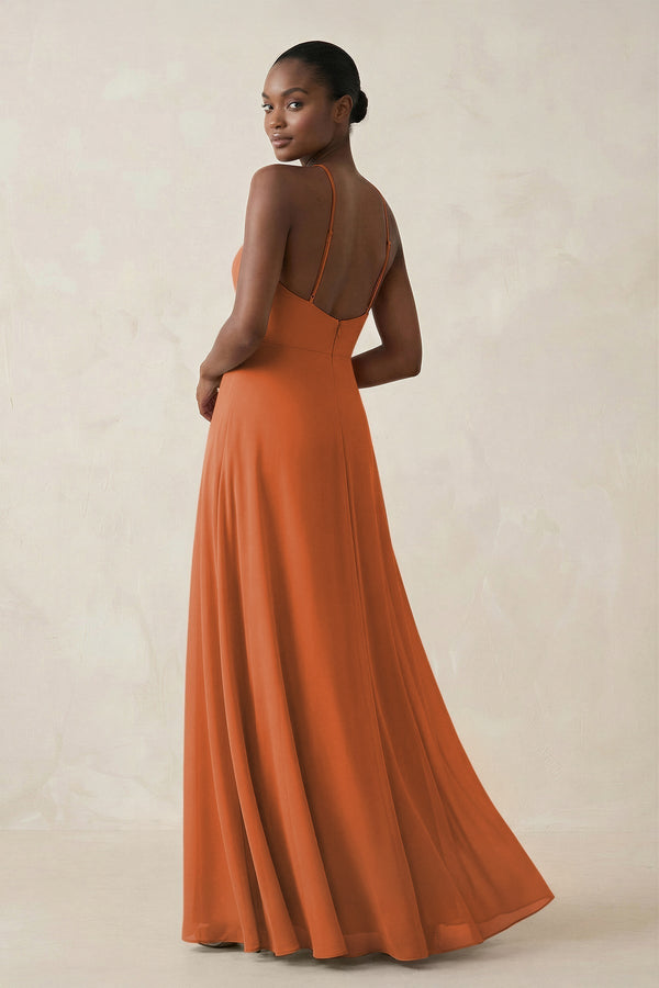 Sheath Halter Chiffon Bridesmaid Dress with Slit in Terracotta - KissProm Bridesmaid Dresses