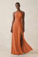 Sheath Halter Chiffon Bridesmaid Dress with Slit in Terracotta - KissProm Bridesmaid Dresses