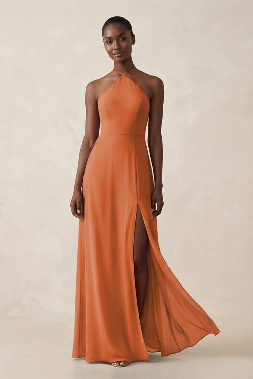 Sheath Halter Chiffon Bridesmaid Dress with Slit in Terracotta - KissProm Bridesmaid Dresses