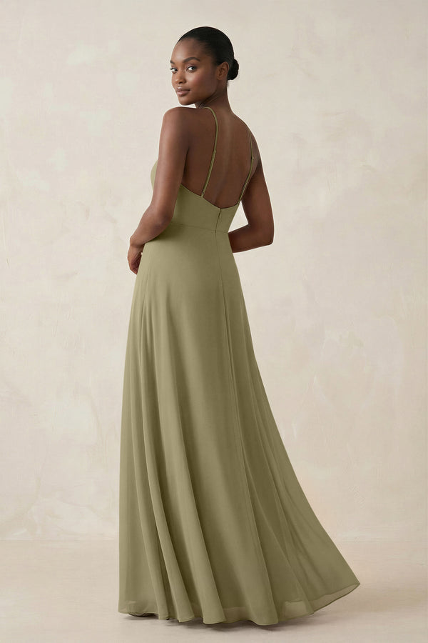 Sheath Halter Chiffon Bridesmaid Dress with Slit in Thyme - KissProm Bridesmaid Dresses
