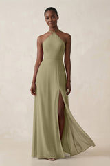 Sheath Halter Chiffon Bridesmaid Dress with Slit in Thyme - KissProm Bridesmaid Dresses